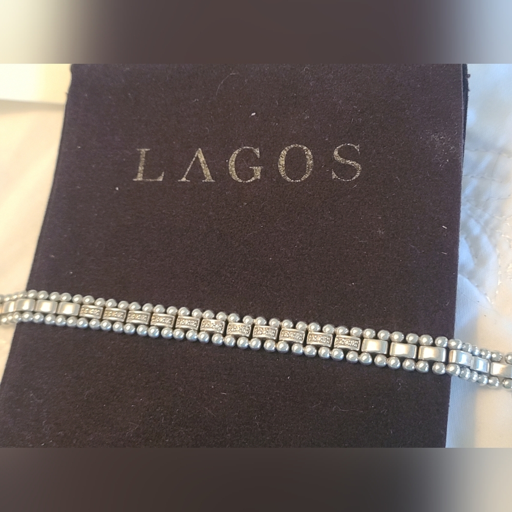 LAGOS Pave Diamond Caviar Spark Silver Link Beaded Bracelet - Picture 2 of 6